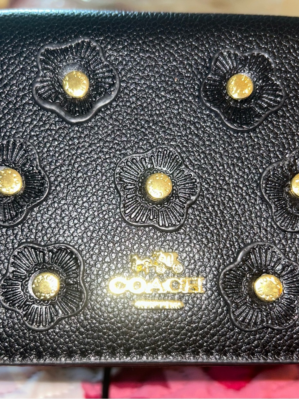Inspired COACH Black Floral Embossed Leather Wallet with Gold Accents
